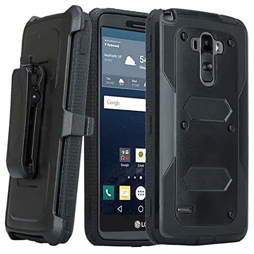 LG K7 | Tribute 5 | Treasure Case, Triple Protection 3-1 w/ Built in Screen Protector Heavy Duty Holster Shell Combo Case - Black