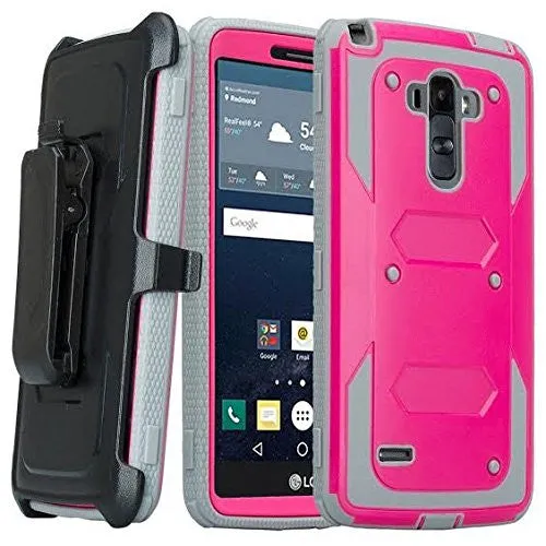 LG K7 | Tribute 5 | Treasure Case, Triple Protection 3-1 w/ Built in Screen Protector Heavy Duty Holster Shell Combo Case - Hot Pink
