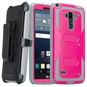 LG K7 | Tribute 5 | Treasure Case, Triple Protection 3-1 w/ Built in Screen Protector Heavy Duty Holster Shell Combo Case - Hot Pink