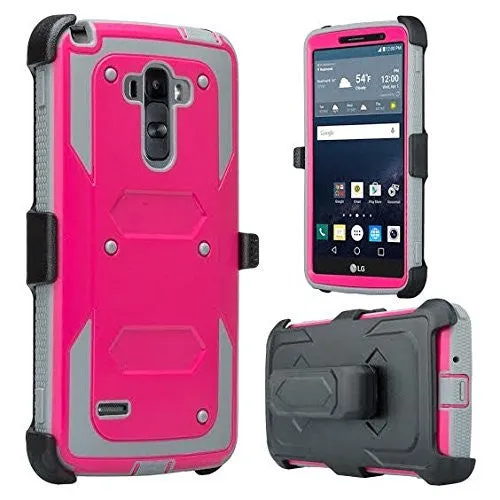 LG K7 | Tribute 5 | Treasure Case, Triple Protection 3-1 w/ Built in Screen Protector Heavy Duty Holster Shell Combo Case - Hot Pink