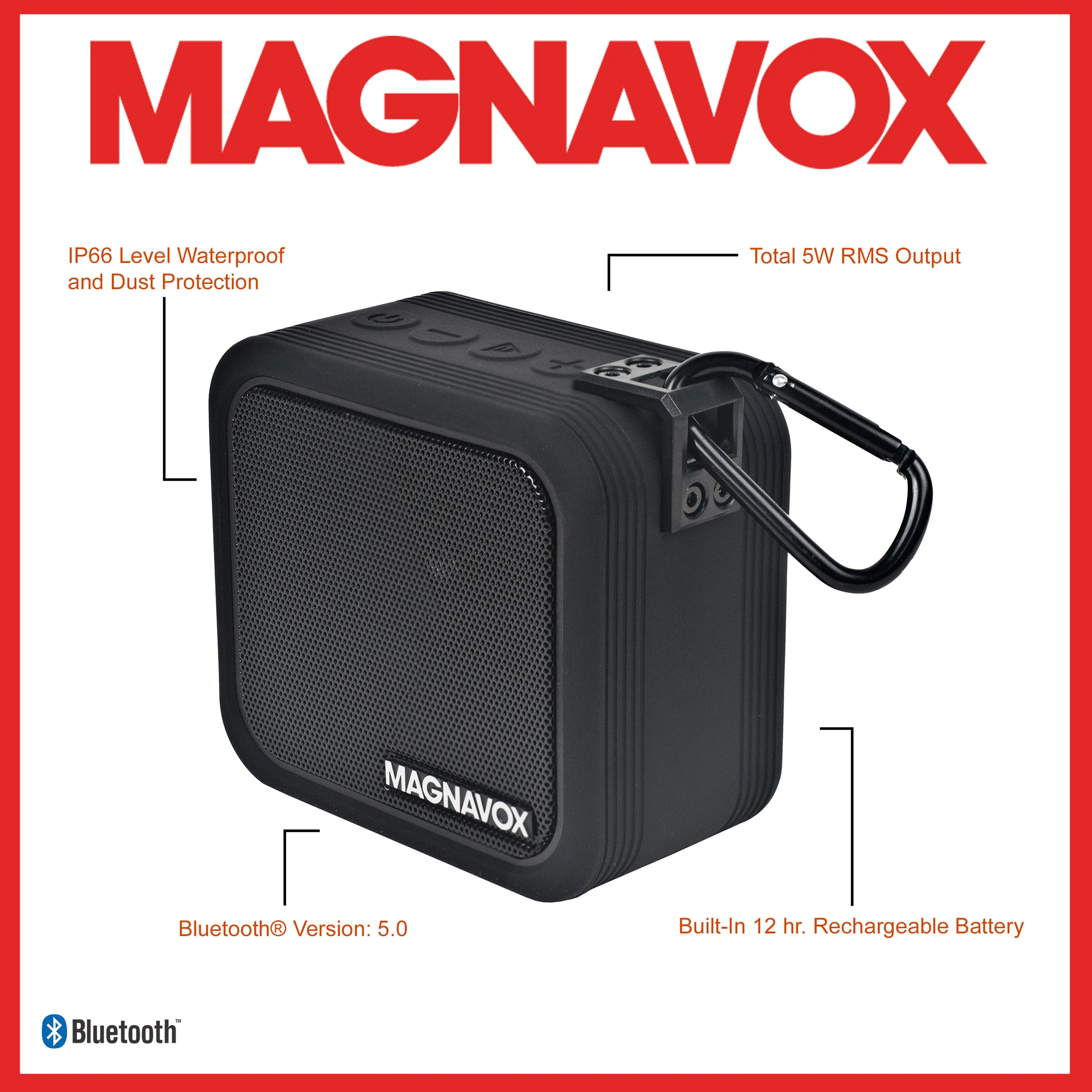Magnavox MMA3927 Waterproof Portable Bluetooth Speaker with Carabiner Clip in Black
