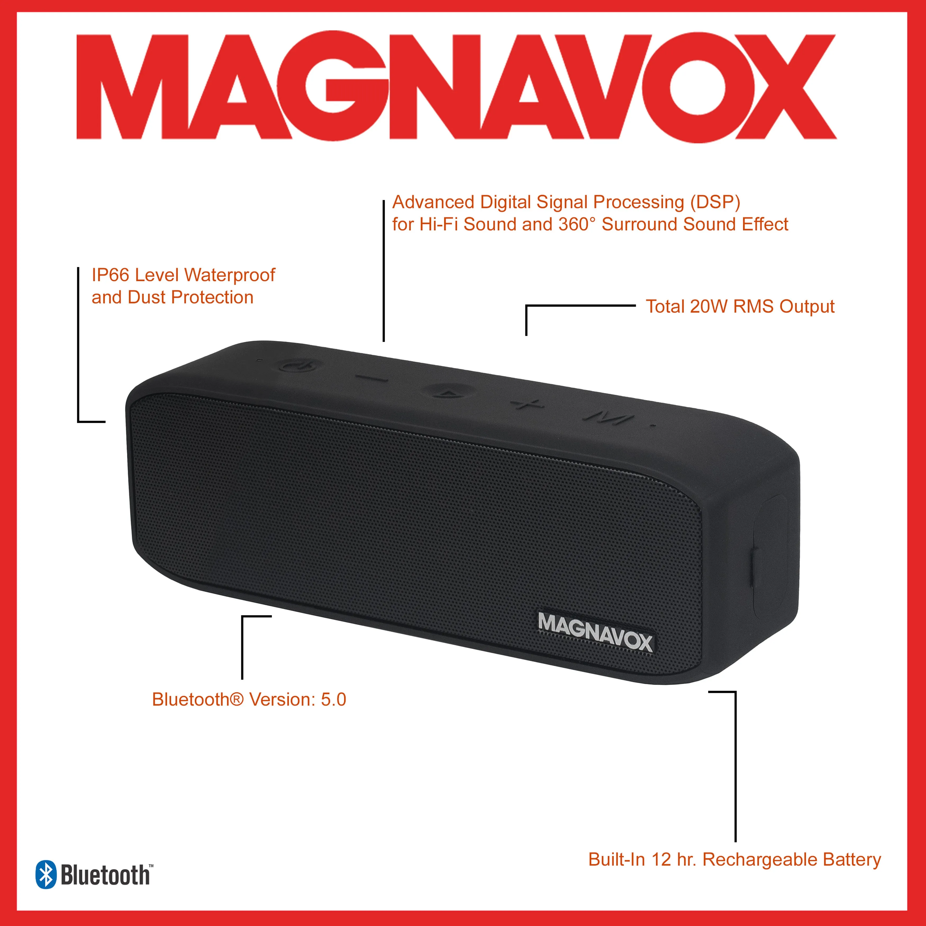 Magnavox MMA3929 Waterproof Portable Bluetooth Speaker with 360° Sound in Black