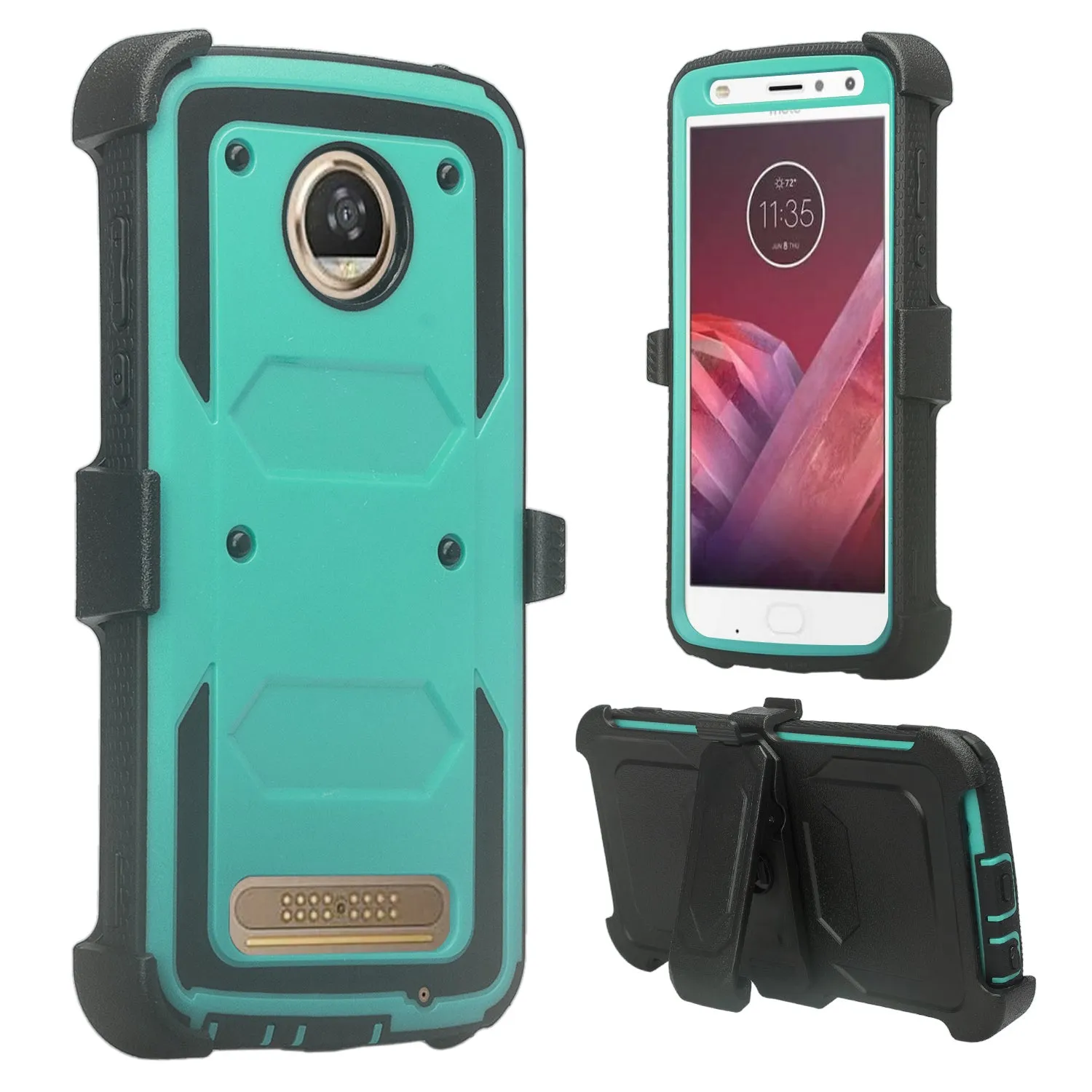 Motorola Moto Z2 Play Case,  Triple Protection 3-1 w/ Built in Screen Protector Heavy Duty Holster Shell Combo Case - Teal