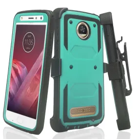 Motorola Moto Z2 Play Case,  Triple Protection 3-1 w/ Built in Screen Protector Heavy Duty Holster Shell Combo Case - Teal