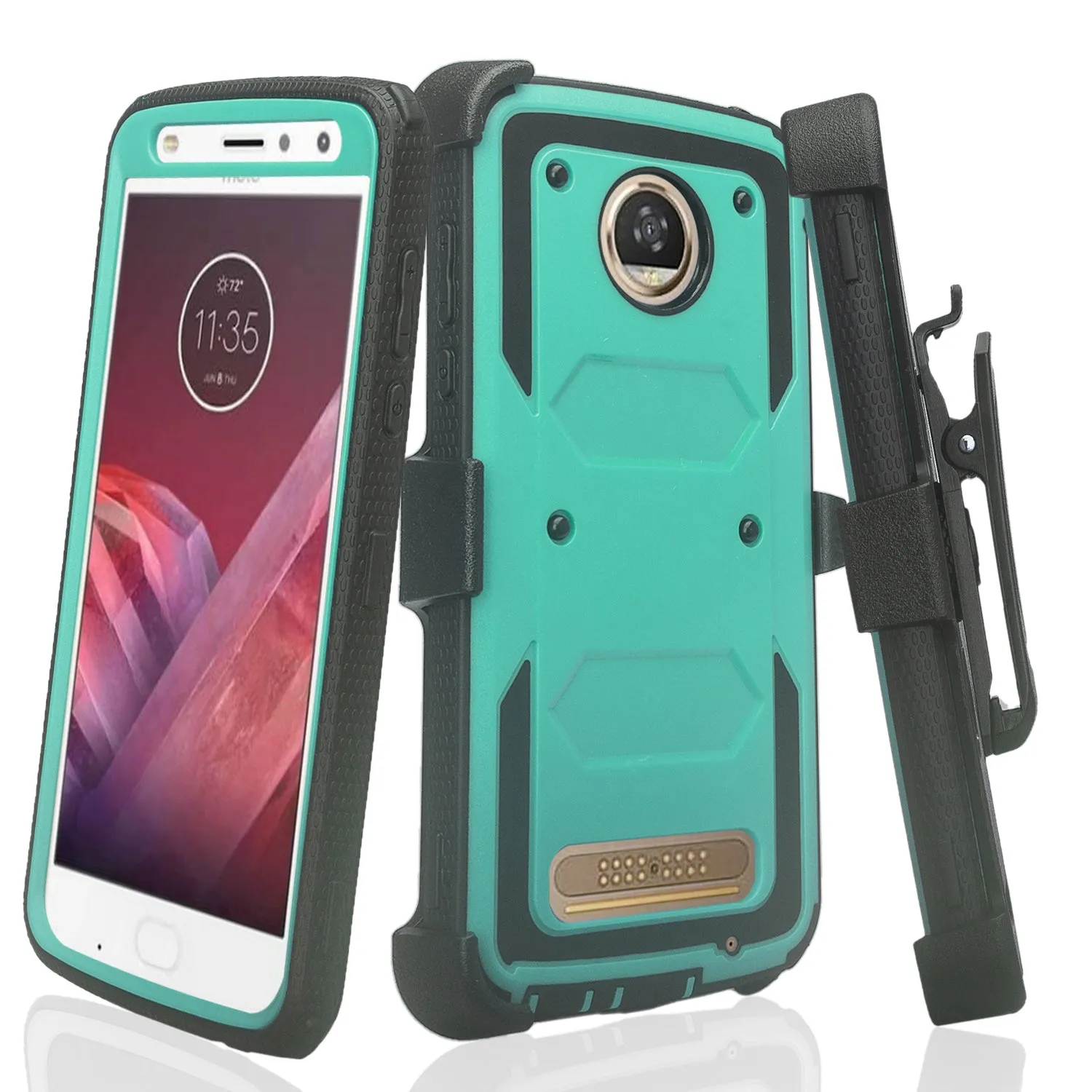 Motorola Moto Z2 Play Case,  Triple Protection 3-1 w/ Built in Screen Protector Heavy Duty Holster Shell Combo Case - Teal