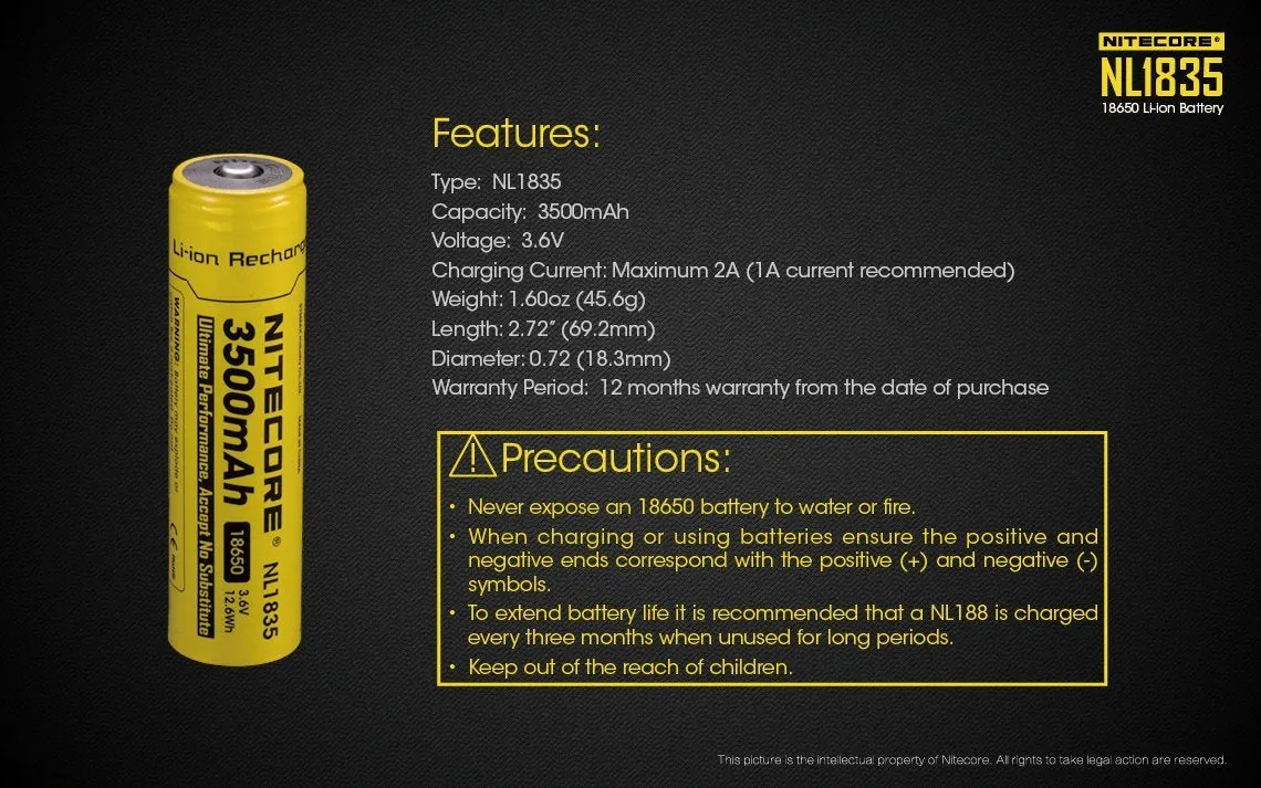 Nitecore 18650 NL1835 3500 mah Rechargeable Battery Li-ion Protected