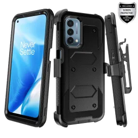 OnePlus Nord N200 5G Case, Nord N200 5G Case, Triple Protection 3-1 w/ Built in Screen Protector Heavy Duty Holster Shell Combo Clip Cover - Black