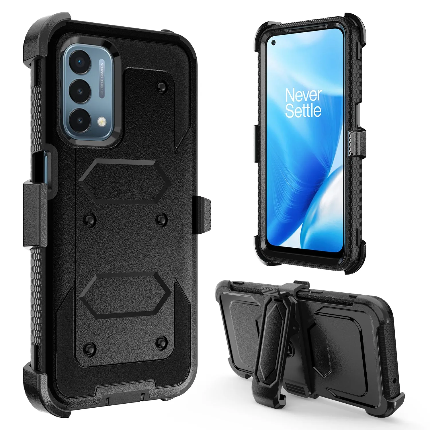 OnePlus Nord N200 5G Case, Nord N200 5G Case, Triple Protection 3-1 w/ Built in Screen Protector Heavy Duty Holster Shell Combo Clip Cover - Black