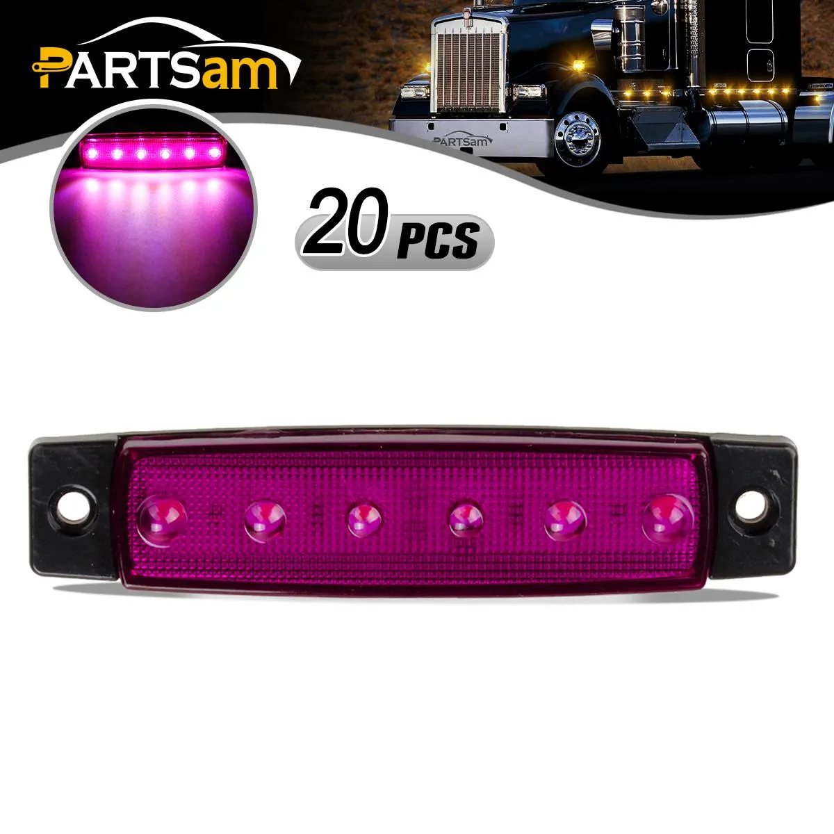 Partsam 20Pcs 3.8 6 LED Clearance Truck Trailer RV Side Marker Indicators Purple 12V, Purple Trailer Marker Lights, Rear Side Marker Lamp, Led Marker Lights for Trucks, Cab Marker, RV Marker light