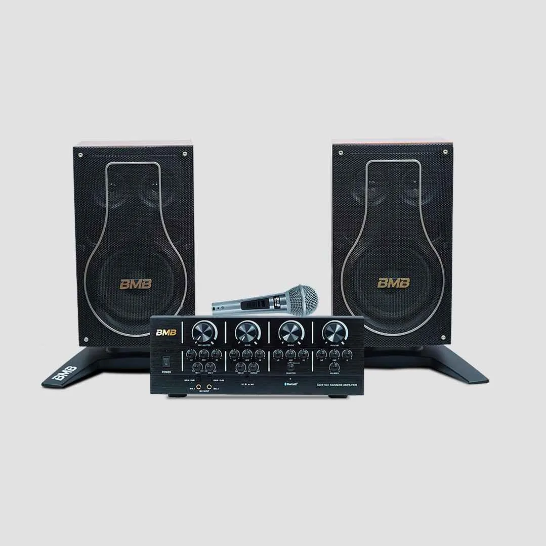 PERSANG BMB 150 150W RMS Dynamic Stereo Speakers with 1 Dynamic Mic, Paper Cone 20CM Wooden Woofers, 3 Equalizer Bands, 8 ohms, Multi-Connectivity Home Theater Compatible with LED/LCD TVs
