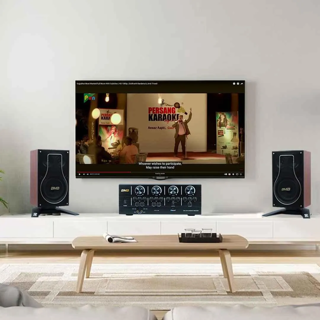 PERSANG BMB 150 150W RMS Dynamic Stereo Speakers with 1 Dynamic Mic, Paper Cone 20CM Wooden Woofers, 3 Equalizer Bands, 8 ohms, Multi-Connectivity Home Theater Compatible with LED/LCD TVs