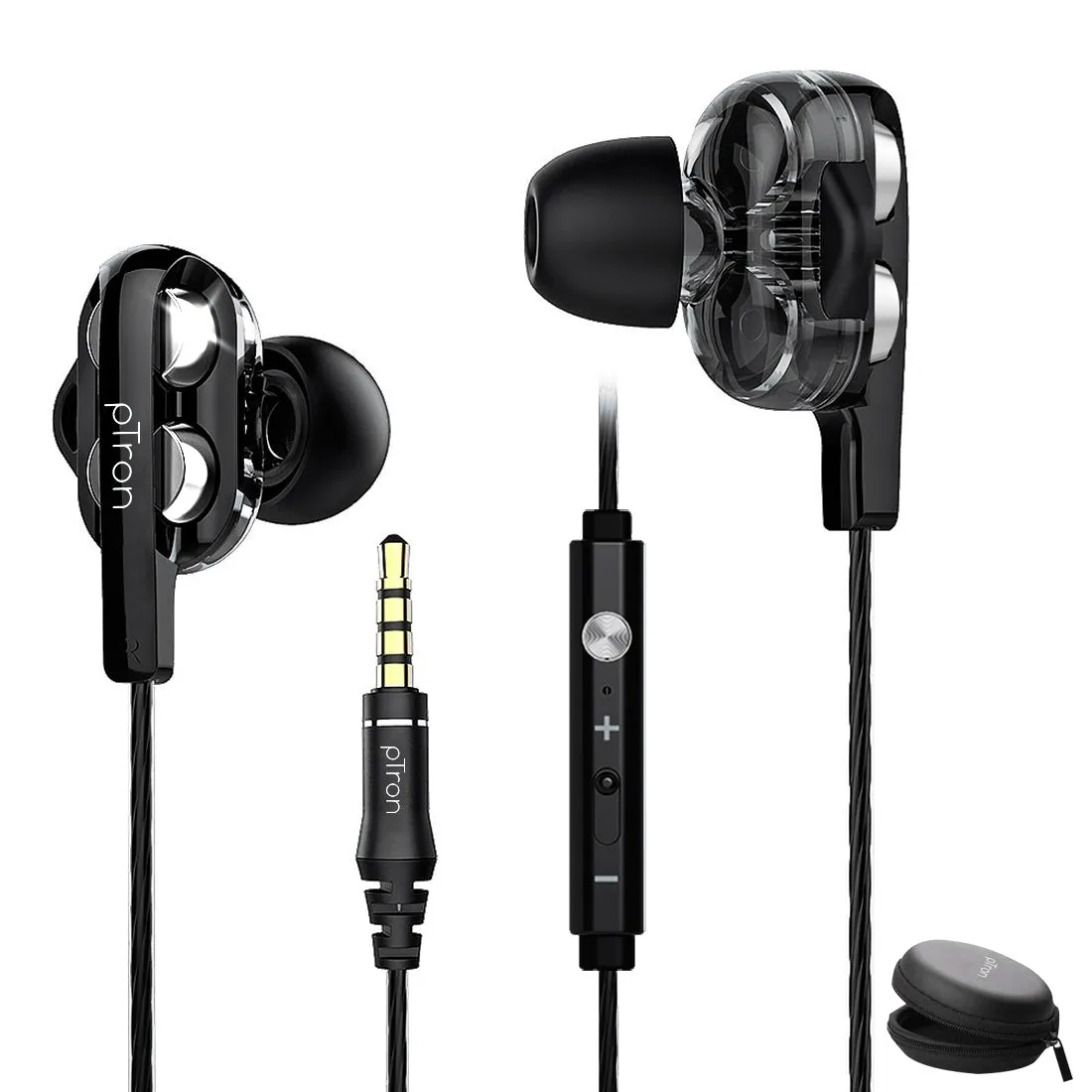 pTron Boom Pro 4D Deep Bass Dual Driver Wired Earphones with Mic for All Smartphones - (Black & Silver)