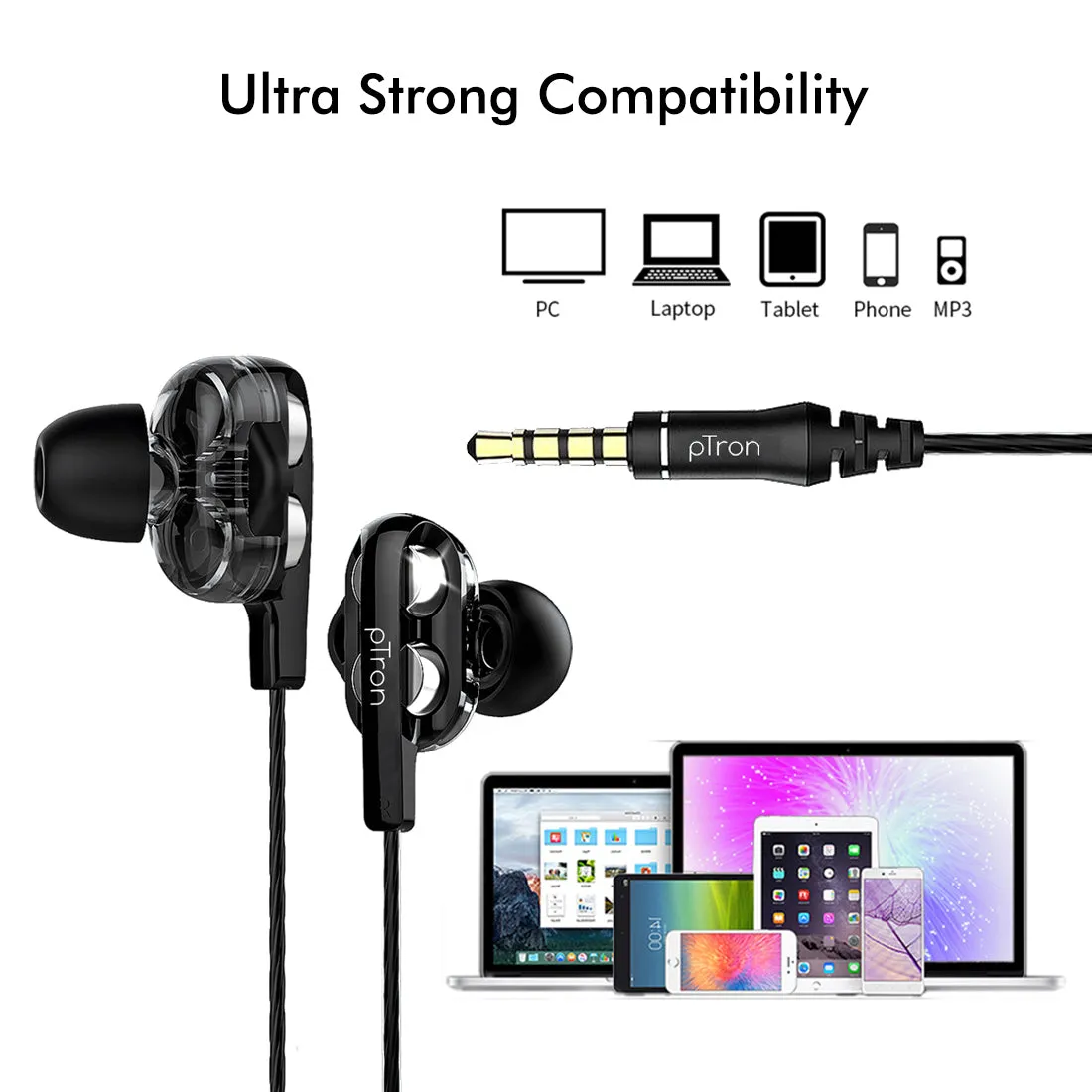 pTron Boom Pro 4D Deep Bass Dual Driver Wired Earphones with Mic for All Smartphones - (Black & Silver)