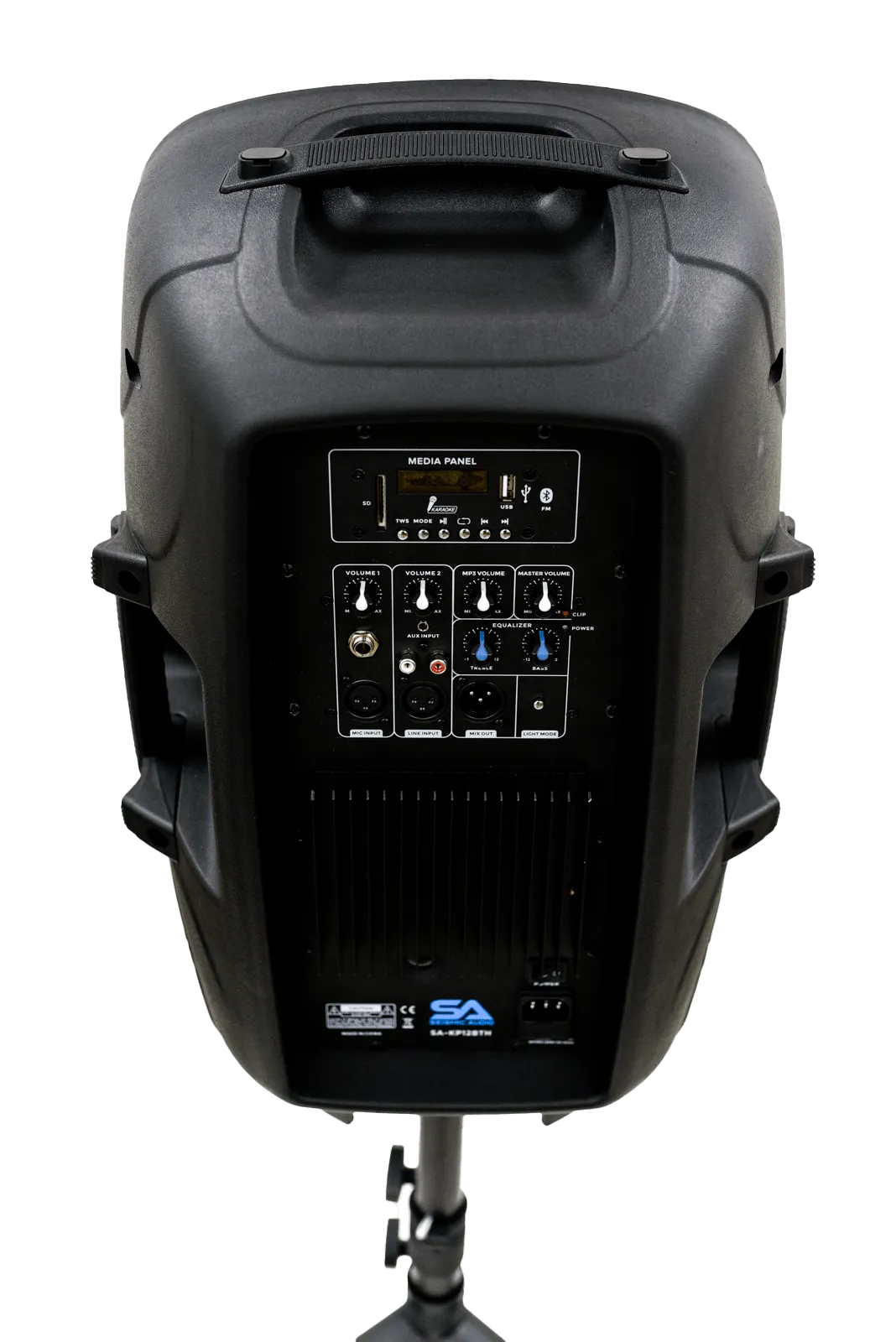 SA-KP15BTH - Active 15 Inch DJ Karaoke Party Speaker with Stand - Bluetooth, LED Lights, Microphone, Cable and Remote