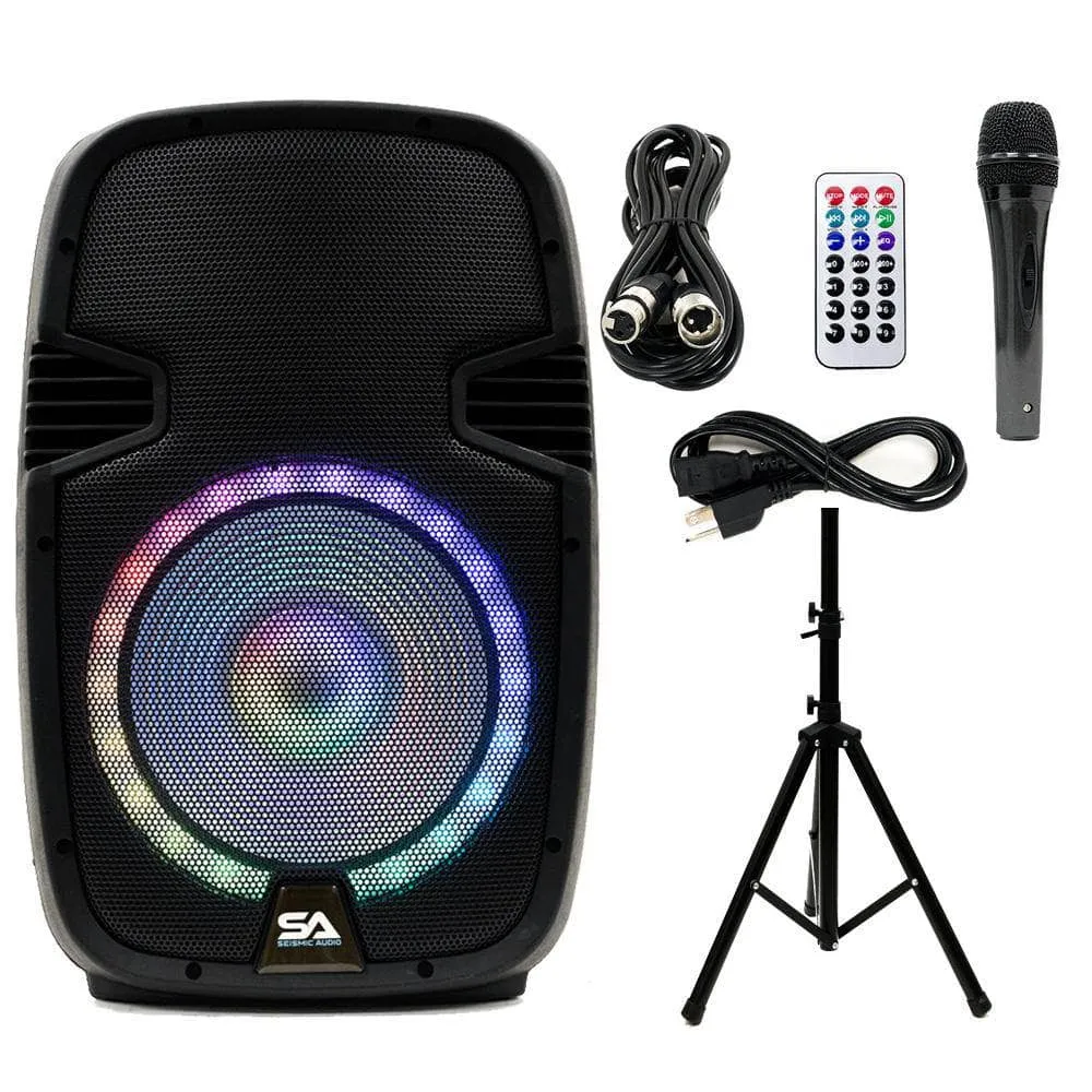 SA-KP15BTH - Active 15 Inch DJ Karaoke Party Speaker with Stand - Bluetooth, LED Lights, Microphone, Cable and Remote