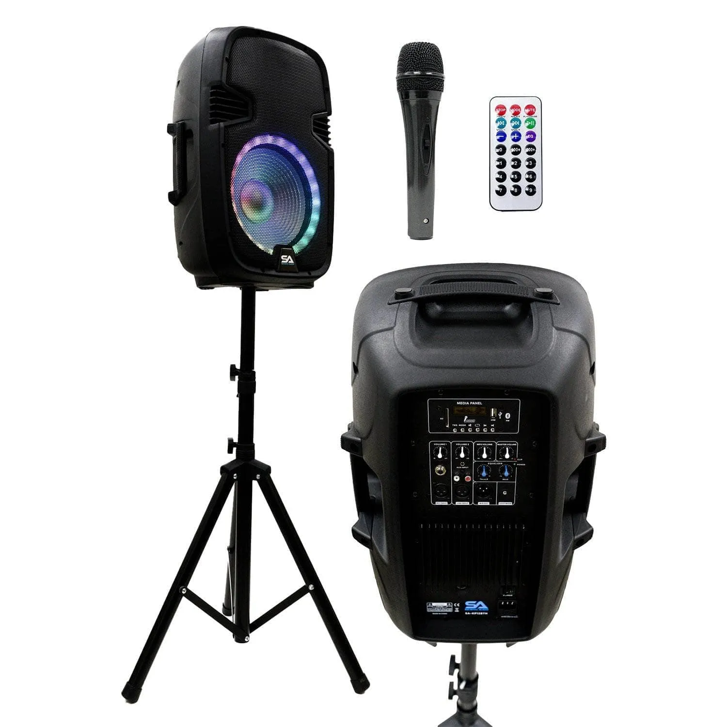 SA-KP15BTH - Active 15 Inch DJ Karaoke Party Speaker with Stand - Bluetooth, LED Lights, Microphone, Cable and Remote