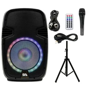 SA-KP15BTH - Active 15 Inch DJ Karaoke Party Speaker with Stand - Bluetooth, LED Lights, Microphone, Cable and Remote