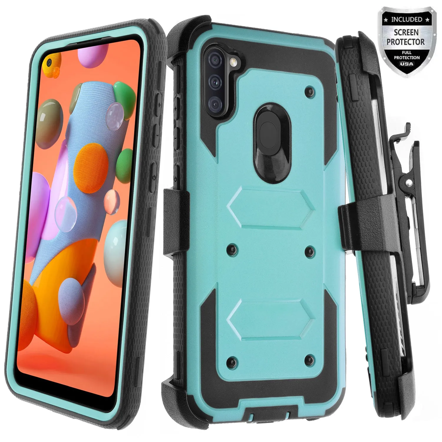 Samsung Galaxy A11 Case, Galaxy A11 Case,  Triple Protection 3-1 w/ Built in Screen Protector Heavy Duty Holster Shell Combo Case - Teal