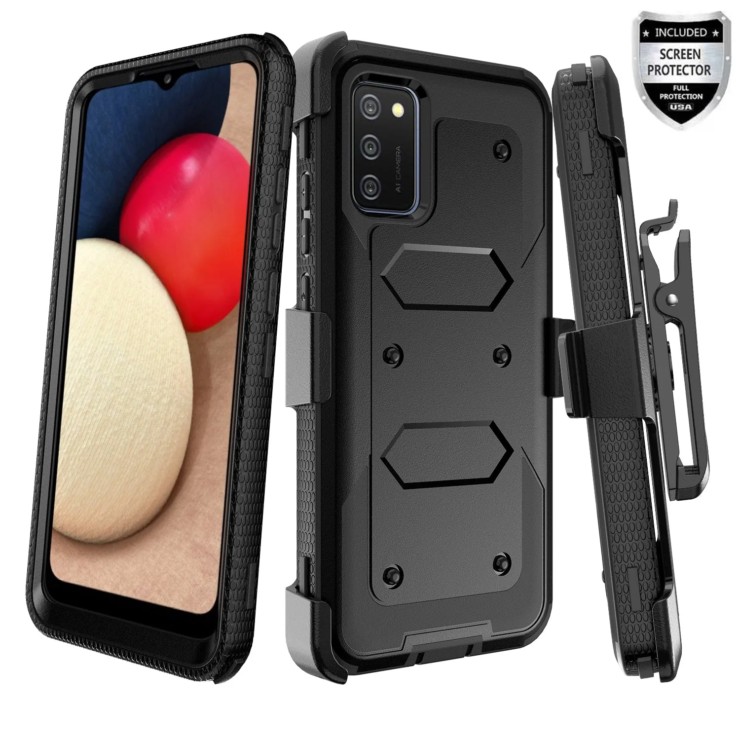 Samsung Galaxy A32 5G Case, Galaxy A32 5G Case, Triple Protection 3-1 w/ Built in Screen Protector Heavy Duty Holster Shell Combo Case - Black