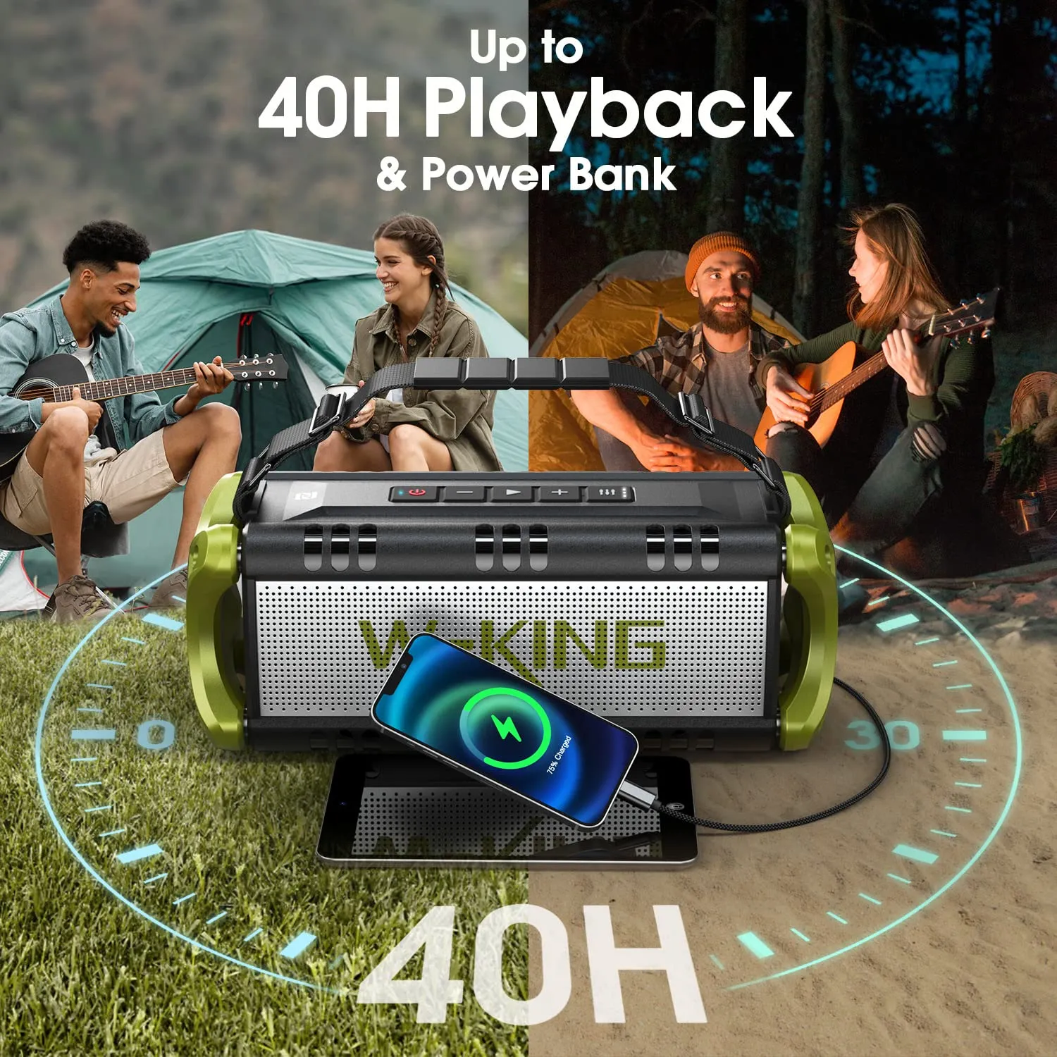 W-KING Bluetooth Speakers, 50W Deep Bass Portable Loud Bluetooth Speaker, IPX6 Waterproof Outdoor Speaker with HD Stereo Sound/Wireless Two Pairing/2-Equalizer/Power Bank/40H Playtime/TF Card/AUX/NFC
