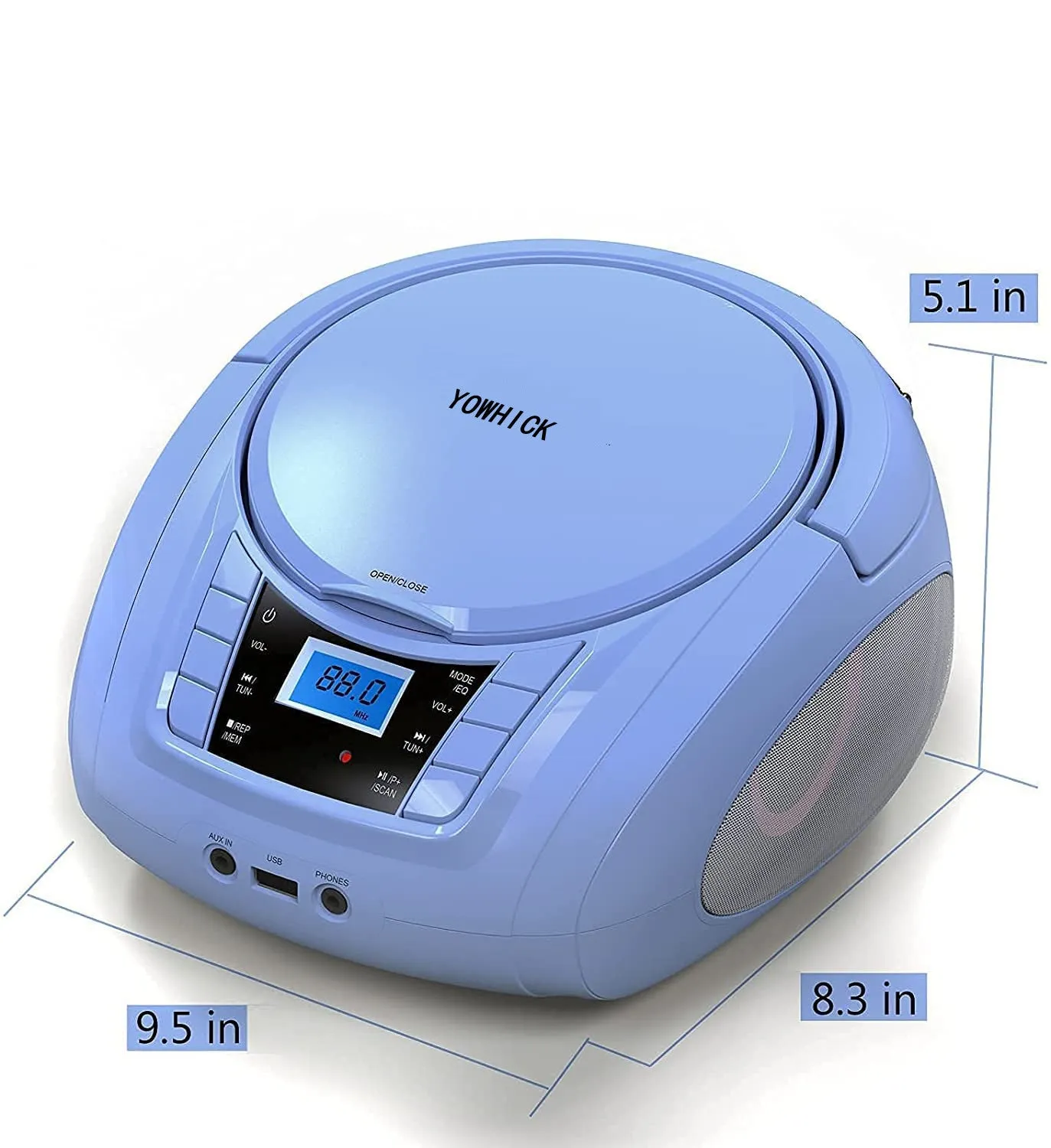 YOWHICK Stereo Portable Top-Loading CD Player Boombox Bluetooth FM Radio with Aux Line-in, LED Display and USB2.0 Input Headphone Jack